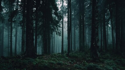 Obraz premium Tall trees loom in a dense forest enveloped in soft mist creating an enchanting and tranquil atmosphere.