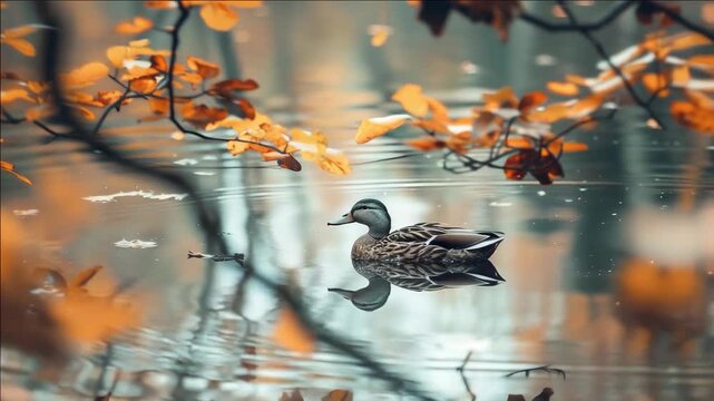 Duck swimming on pond surrounded by fall foliage, tranquil natural setting.
