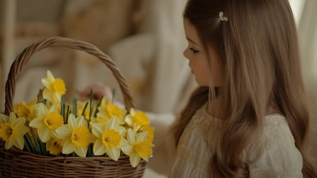 Vintage-style of young girl with daffodils, conveying a sense of springtime and natural beauty.