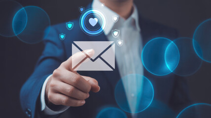Modern email authentication interface showing envelope with check mark, cybersecurity, and verified messaging. Perfect for internet communication, online services, and data protection design.