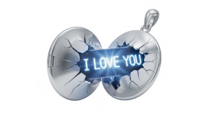 Cracked silver locket pendant revealing a glowing digital 'i love you' message, symbolizing broken but enduring heartfelt love and modern romance. isolated on transparent background