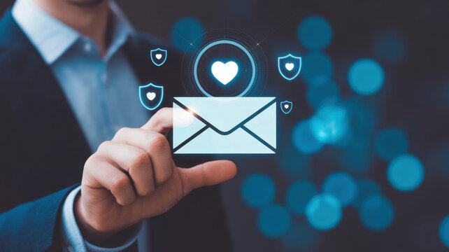 Modern email authentication interface showing envelope with check mark, cybersecurity, and verified messaging. Perfect for internet communication, online services, and data protection design.