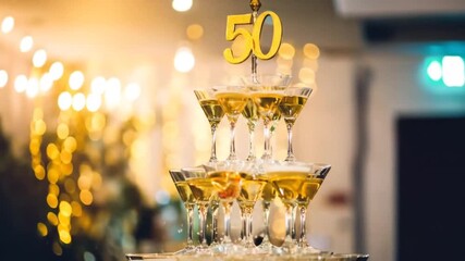 Golden Celebration: 50th Anniversary Champagne Tower Toast