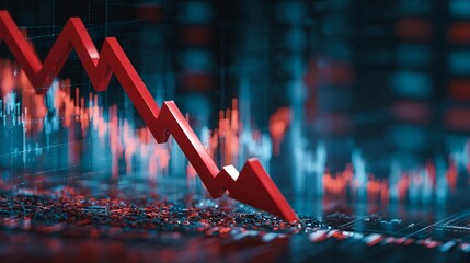 Dramatic red arrow plunging downwards over blurred financial stock market data charts signifying economic recession and market crash