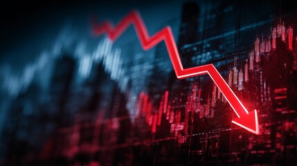 Dramatic red arrow plunges on a financial stock market graph showing a sharp decline, signaling economic recession and investment loss.