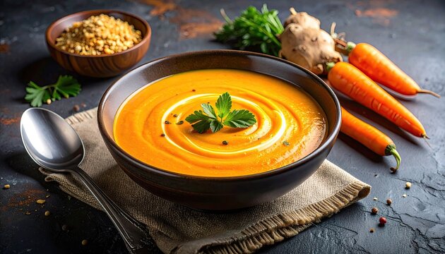 A Delicious Bowl of Vibrant Orange Carrot Ginger Soup Garnished with Cream and Parsley Set on a Rustic Dark Background with Fresh Carrots and Spoon - Powered by Adobe