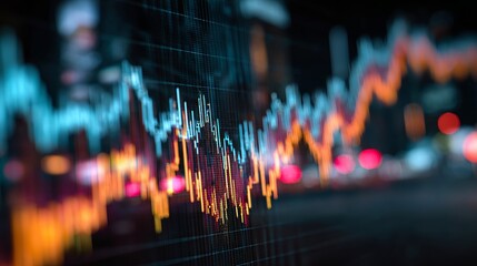 Dynamic financial market data visualized with glowing charts and indicators, showcasing investment trends and economic growth in real time