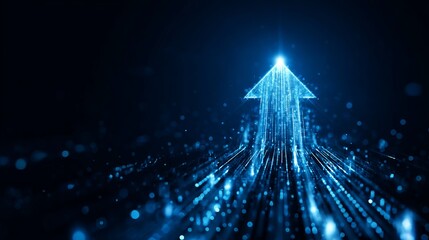 Dynamic blue abstract arrow soaring upwards through digital particles, symbolizing growth, success, and technological advancement in a modern, futuristic concept.