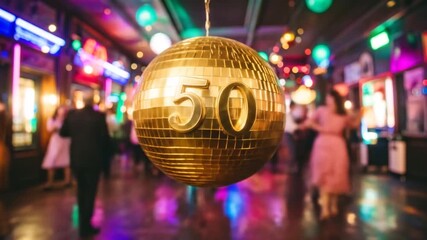 Golden Disco Ball Celebrates 50th Anniversary Party with Dancing Guests - Powered by Adobe