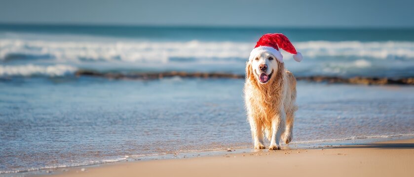 Golden retriever celebrating Christmas on a beach