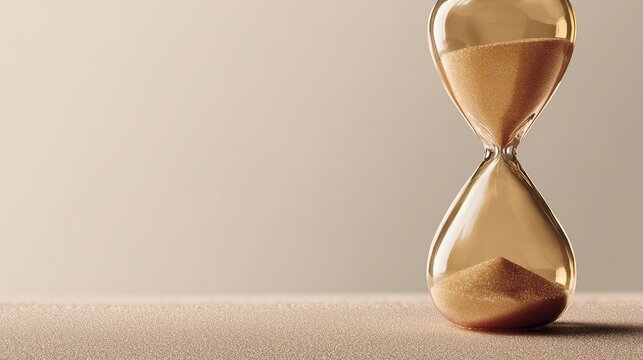 Elegant hourglass with golden sand gracefully flowing, symbolizing precious time and the urgency of opportunity in a serene, minimalist setting - Powered by Adobe