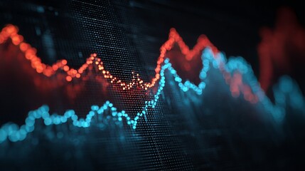 Dynamic financial market trends visualized with glowing red and blue lines on a dark digital screen, showcasing volatility and growth opportunities