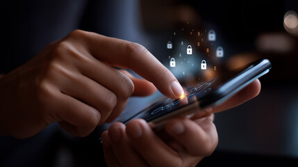 Entering PIN code for secure mobile access faceless hands typing defocused digital lock icons background data protection interface smartphone security system encrypted