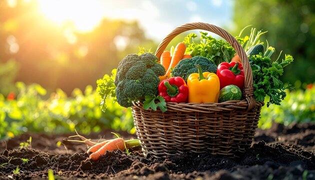 A sunlit basket overflowing with fresh, vibrant vegetables, capturing the essence of harvest