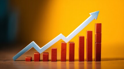 Dynamic upward arrow graph and rising red bars symbolize business growth, financial success, and positive market trends in a vibrant, professional setting