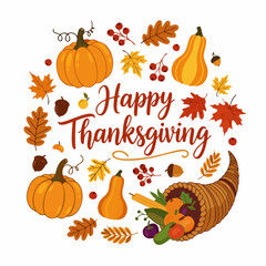Happy Thanksgiving vector illustration with festive autumn harvest elements, pumpkins, fall leaves, and cornucopia.