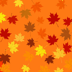 Vibrant Autumn Maple Leaves Falling on Orange Background. Seamless Seasonal Fall Foliage Pattern Design.
