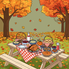 Thanksgiving Autumn Picnic with Roasted Turkey, Pie, and Fall Leaves Illustration
