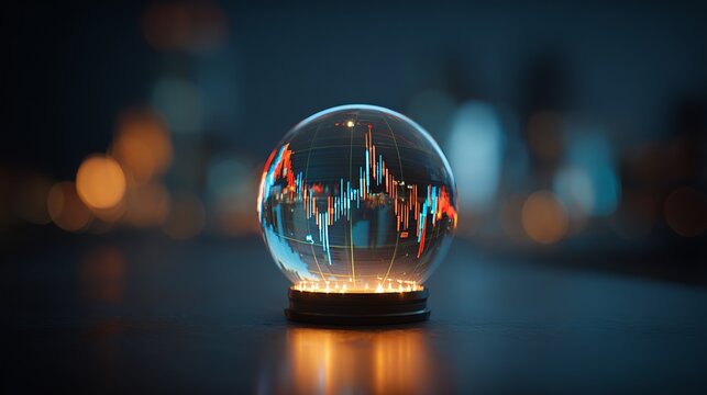 Crystal ball revealing dynamic stock market trends with glowing lights, symbolizing financial future and investment insights - Powered by Adobe