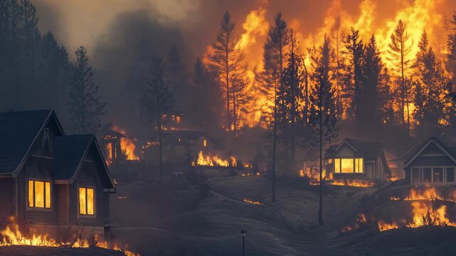 A wild forest fire engulfs a suburban area, with nearby homes and trees burning. Emergency services are evacuating residents and fighting the flames.