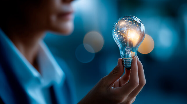 Artificial intelligence innovation concept with magnifying glass faceless AI idea lightbulb visualization defocused machine learning background digital creativity symbols smart