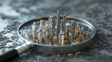 Magnifying glass reveals glowing modern cityscape at night, symbolizing urban exploration, real estate, and detailed analysis of city life and development projects.
