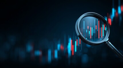 Magnifying glass reveals dynamic stock market graph with rising and falling trends, symbolizing financial analysis and investment opportunities in a dark, futuristic setting.
