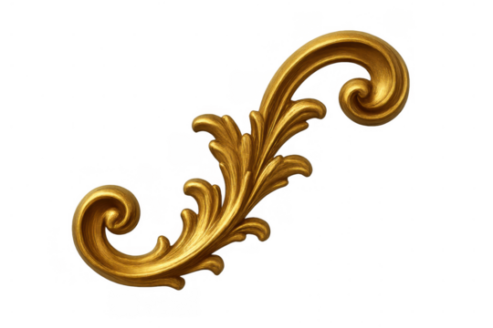 Golden baroque ornament design featuring rococo style antique scrollwork and acanthus leaf filigree on transparent background