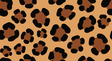 Flat vector seamless leopard skin pattern with organic rounded rosette spots on warm tan background. Solid bold colors, clean minimal shapes, no gradients. Perfect for textiles and surface design