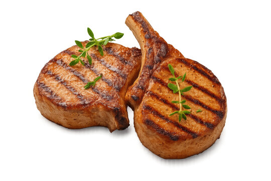 Grilled pork chops seasoned with fresh thyme. Barbecue meat cutlets ready for cooking or serving on transparent background