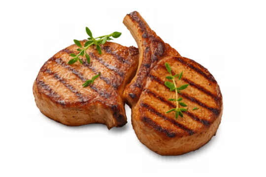Grilled pork chops seasoned with fresh thyme. Barbecue meat cutlets ready for cooking or serving on transparent background
