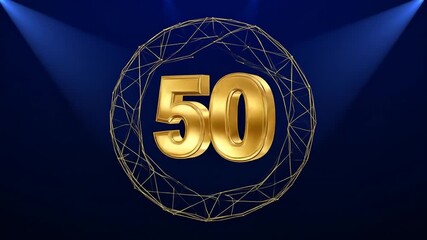Golden Number 50 Rotating in Wireframe Sphere on Blue Background