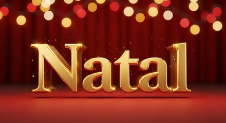 Letreiro 3D dourado “Natal” com fundo vermelho elegante e iluminação suave natalina