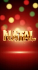 Letreiro 3D dourado “Natal” com fundo vermelho elegante e iluminação suave natalina