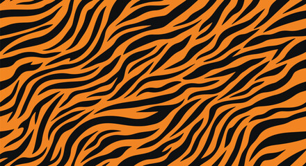 Flat vector seamless tiger stripe pattern using long flowing stripes in bold contrast. Solid warm orange and black colors, clean minimal shapes, no gradients. Ideal for textile and branding