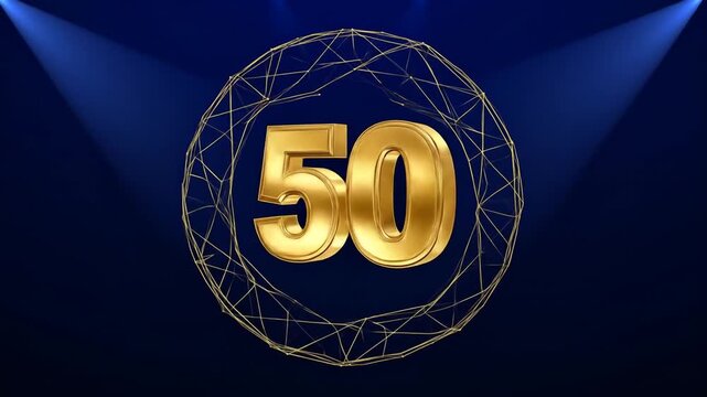 Golden Number 50 Rotating in Wireframe Sphere on Blue Background - Powered by Adobe
