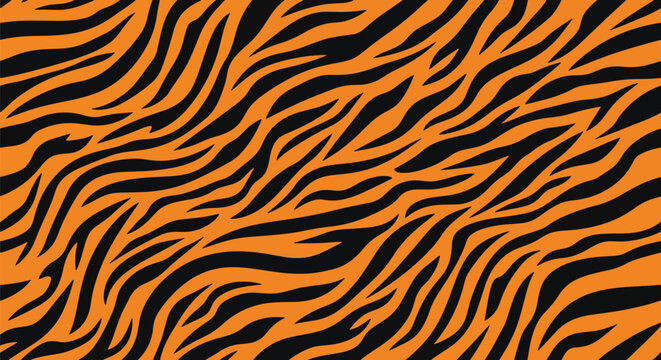 Flat vector seamless tiger stripe pattern using long flowing stripes in bold contrast. Solid warm orange and black colors, clean minimal shapes, no gradients. Ideal for textile and branding