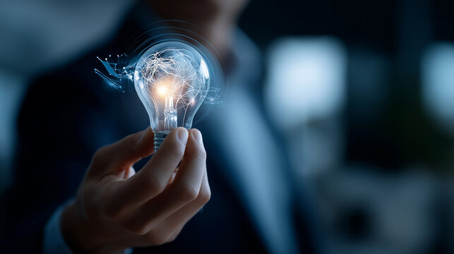 Artificial intelligence innovation concept with magnifying glass faceless AI idea lightbulb visualization defocused machine learning background digital creativity symbols smart