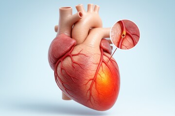 3D medical illustration of a human heart with a highlighted ischemic zone and close-up of a narrowed coronary artery due to plaque buildup.