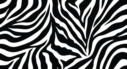 Naklejka premium Flat vector seamless zebra pattern with high-contrast black and white curved stripe shapes. Solid fills, clean geometry, no gradients. Perfect for fashion prints and surface packaging