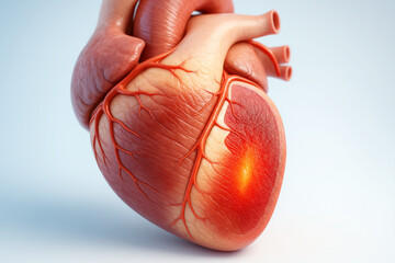 Detailed 3D medical illustration of the human heart highlighting a localized ischemic region on the outer myocardial wall due to reduced blood flow.