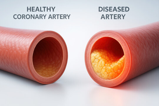 Medical image showing side-by-side comparison of a healthy artery and one narrowed by cholesterol plaque, illustrating heart disease progression.