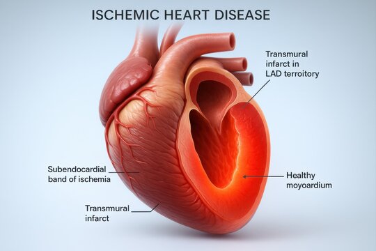Heart Cross-Section Showing Ischemic Heart Disease and Infarct Zones