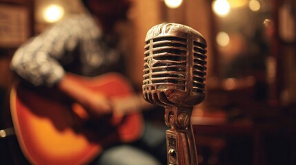 A guitarist plays an acoustic set in a warm, inviting venue. The vintage microphone stands close, capturing the artist's soulful voice amidst the soft glow of lights.