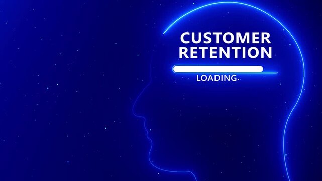 Blue Neon Human Head Silhouette With Customer Retention Loading Bar On Dark Starry Background progress
