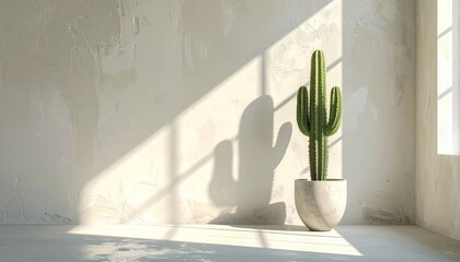 A Solitary Green Cactus Stands In A Textured White Room Bathed In Bright Sunlight Casting Long Shadows On The Wall And Floor