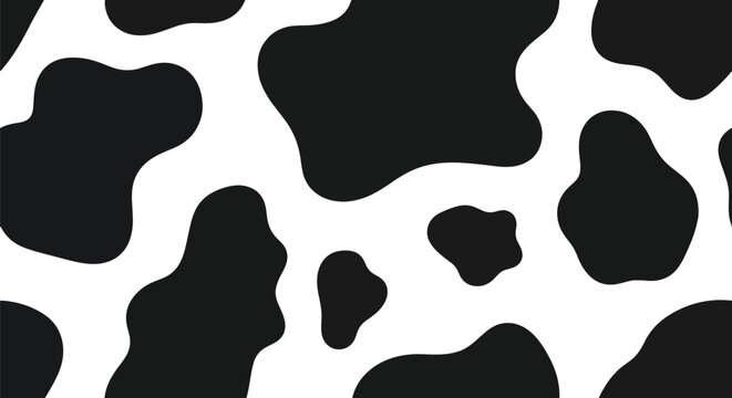 Flat vector cow skin pattern with large smooth shapes, bold black patches on white base. Solid colors, simple abstract pattern, no gradients, seamless repeat. Great for playful branding