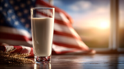 Glass of milk standing on table with waving American flag and sunrise background symbolizing National Milk Day celebration and USA dairy farming
