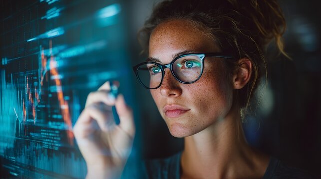 Focused businesswoman analyzing financial data on a futuristic digital display, her gaze intent on charting trends and insights in a modern high-tech environment. - Powered by Adobe
