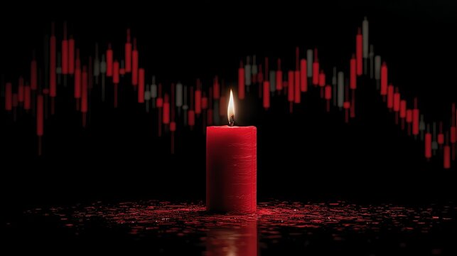Burning red candle illuminates a stark, falling stock market graph, symbolizing financial downturn and economic crisis - Powered by Adobe